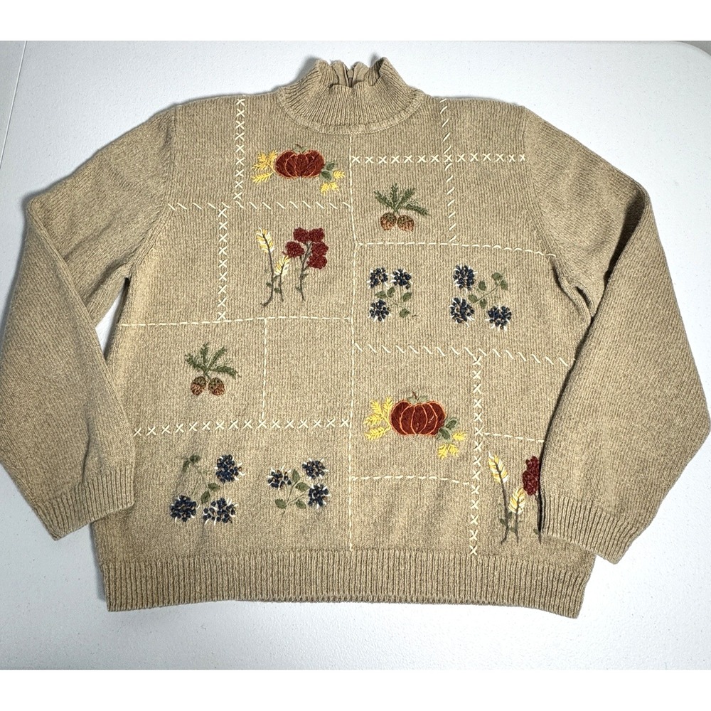 Vtg Alfred Dunner Embroidered Fall Sweater Beige Ramie‎ Cotton Cottagecore Sz L